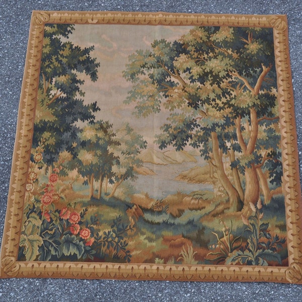 Handwoven Wool Aubusson Tapestry French Gobelins Weave Technique Verdure Wall Hanging Scenery Wall Art 46x49 Inches