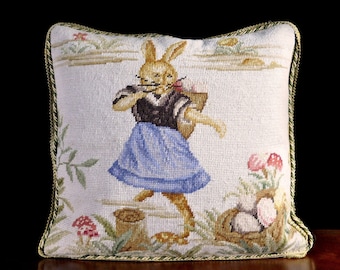 New Completed Needlepoint Pillow Cover Easter Bunny Dancing Rabbit Cushion 16x16