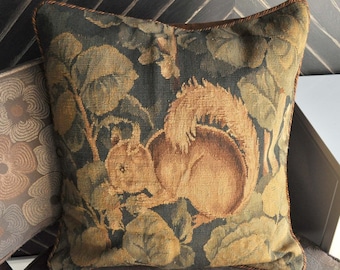 New Hand-woven Wool Aubusson Pillow Squirrel Antique Style Recreation Decorative French Gobelins Weave Tapestry Cushion 20x20 Cover Only