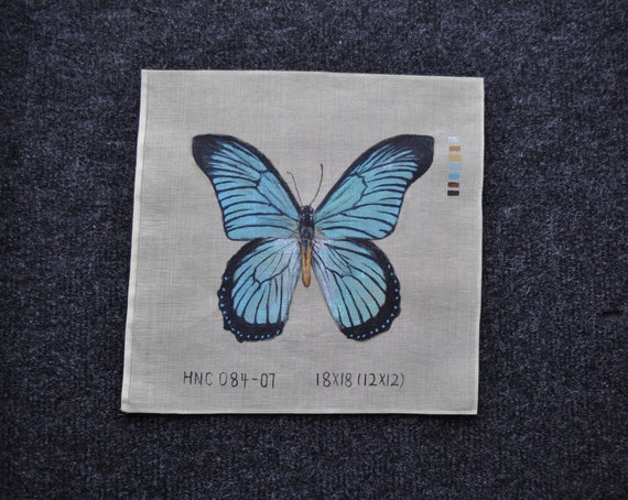 Hand Painted Needlepoint Petit Point 15 CT Penelope Canvas - Giant Blue Swallowtail Butterfly