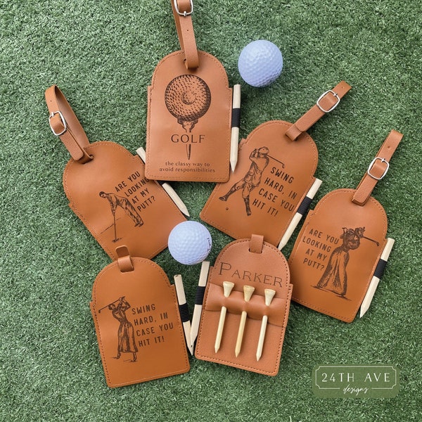 Custom Golf Bag Tag with Tees and Pencil - Golf Bag Tag Tee Holder- Leather Golf Bag Tag -  Golf Pun Gift - Personalized Golf Gift