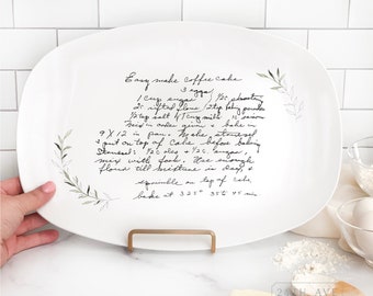 Recipe on Platter - Recipe Platter with Leaf Border - Recipe printed on dish - Handwriting Restored - Handwritten Recipe on Plate