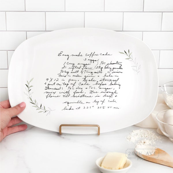 Recipe on Platter - Recipe Platter with Leaf Border - Recipe printed on dish - Handwriting Restored - Handwritten Recipe on Plate