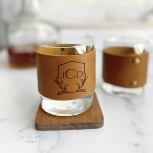 Personalized Whisky Glass with Leather Wrap, Rock Glass with Leather Wrap, Set of two, Whisky Glass and Wrap
