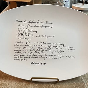 recipe printed to platter, featured in Southern Living Magazine, recipe printed on plate, handwritten recipe on dish, handwritten recipe on platter, custom platter