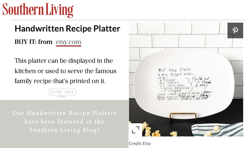 recipe printed to platter, featured in Southern Living Magazine, recipe printed on plate, handwritten recipe on dish, handwritten recipe on platter, custom platter