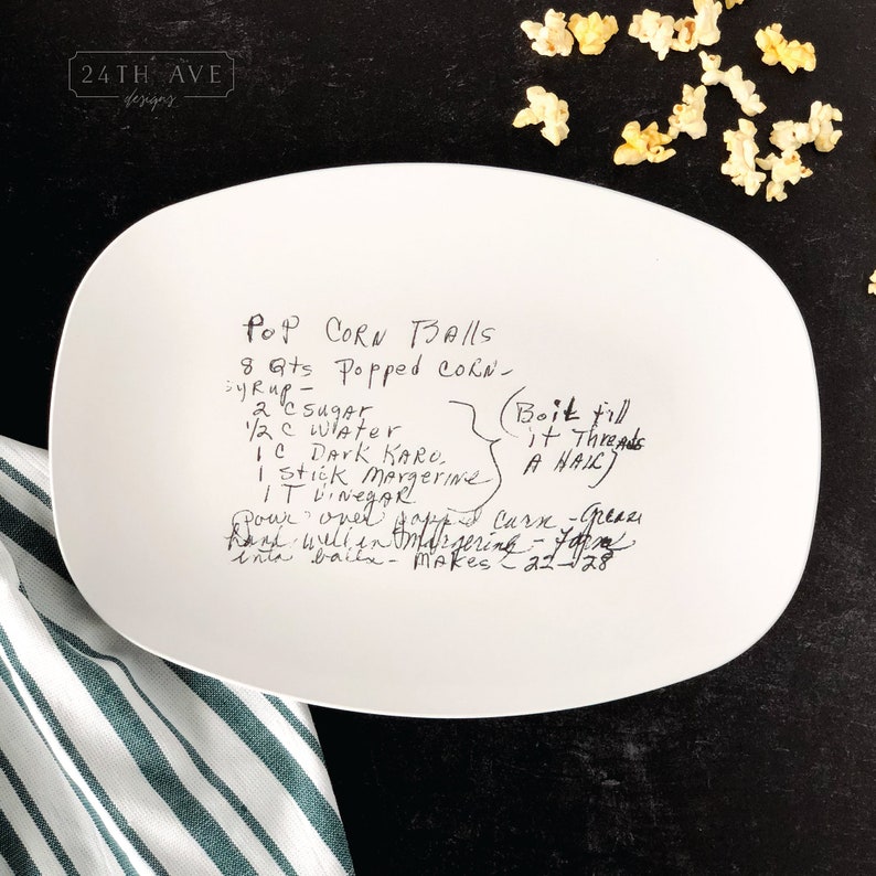 recipe printed to platter, featured in Southern Living Magazine, recipe printed on plate, handwritten recipe on dish, handwritten recipe on platter, custom platter