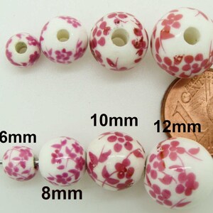 10 Perles Rondes Porcelaine fond Blanc Fleurs Bleu Marron Rose Rouge Vert ou Violet dia 6 à 16mm DIY création bijoux image 5