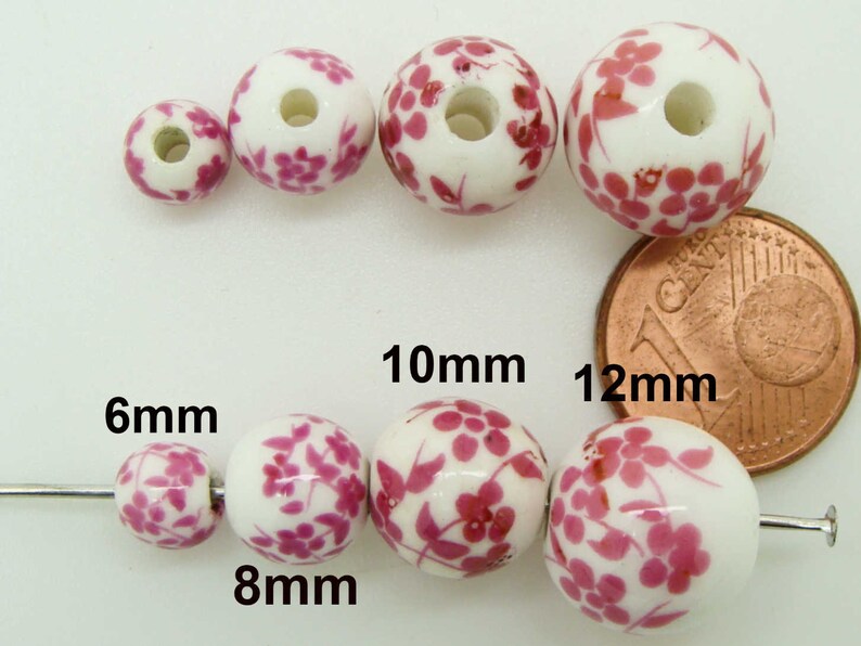 10 Perles Rondes Porcelaine fond Blanc Fleurs Bleu Marron Rose Rouge Vert ou Violet dia 6 à 16mm DIY création bijoux image 5