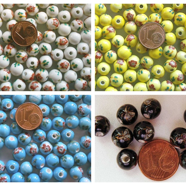 10 Perles Rondes 8mm Porcelaine motif Fleurs ou Papillons DIY création bijoux fond uni au choix