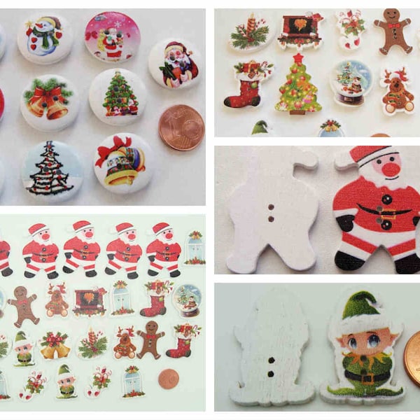 Boutons NOEL ronds ou découpés modèles divers pour création déco scrapbooking Fêtes réveillons sapin Père Noël Lutins Cadeaux Bonhomme neige