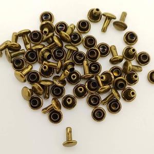 Peut inclure: Un ensemble de rivets en laiton antique, chacun avec une tête arrondie et une tige pour la fixation. Les rivets sont dispersés sur une surface blanche, mettant en valeur leur finition métallique vieillie. Idéal pour le cuir et les projets DIY.