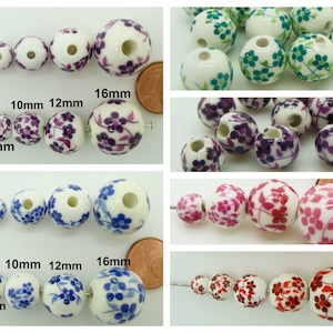 10 Perles Rondes Porcelaine fond Blanc Fleurs Bleu Marron Rose Rouge Vert ou Violet dia 6 à 16mm DIY création bijoux image 1