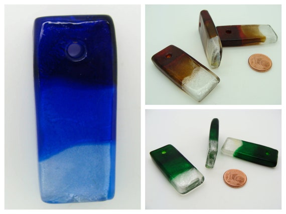 Pendentif Rectangle Tricolore Argenté 45mm - Verre Lampwork - Couleur Au Choix - Neuf