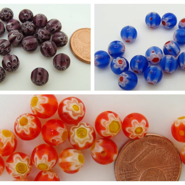 20 Perles Verre Lampwork Rondes 6mm couleur au choix motifs blancs et dorés DIY création bijoux