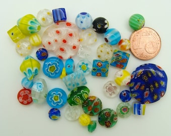 Lot 41 perles verre millefiori multicolore mélange aléatoire formes tailles et couleurs création bijoux