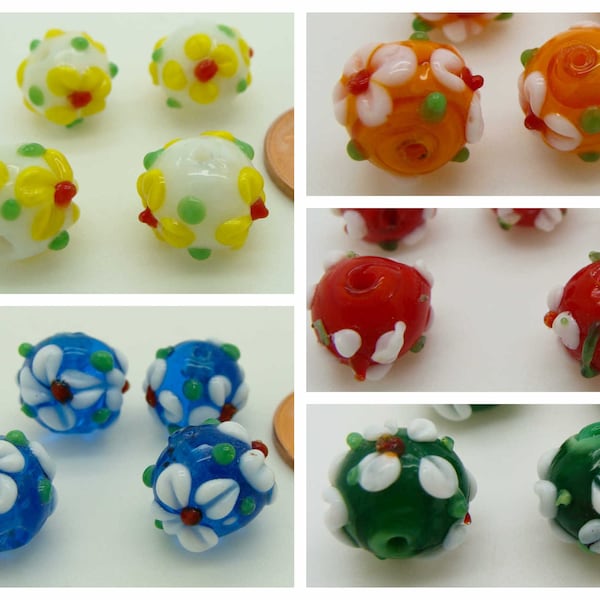 4 Perles Rondes 10mm avec 3 fleurs verre Lampwork couleurs au choix DIY création bijoux