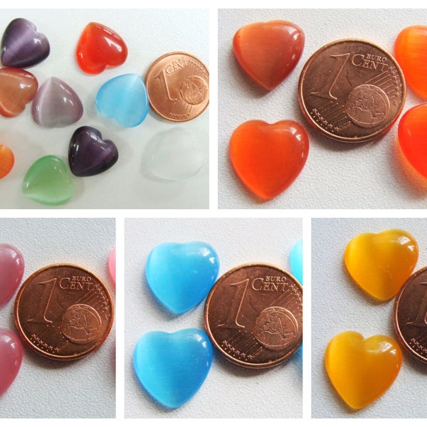 10 Cabochons Coeur 12mm verre OEIL de CHAT mix ou couleur au choix création bijoux déco