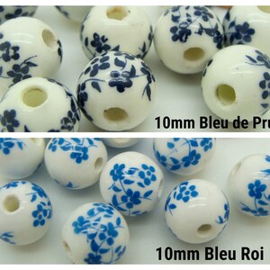 10 Perles Rondes Porcelaine fond Blanc Fleurs Bleu Marron Rose Rouge Vert ou Violet dia 6 à 16mm DIY création bijoux image 10