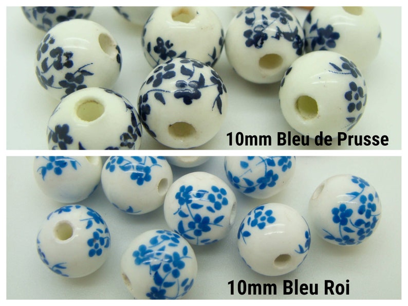 10 Perles Rondes Porcelaine fond Blanc Fleurs Bleu Marron Rose Rouge Vert ou Violet dia 6 à 16mm DIY création bijoux image 10