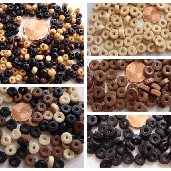 100 perles rondelles 8x3,5mm BOIS peint Noir- Crème- Marron ou MIX ou petites perles rondes rocailles 10g