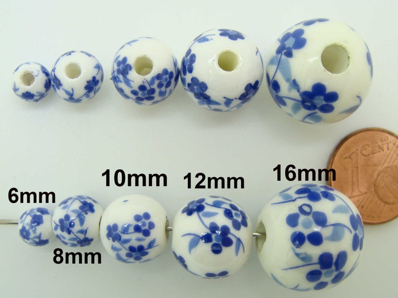 10 Perles Rondes Porcelaine fond Blanc Fleurs Bleu Marron Rose Rouge Vert ou Violet dia 6 à 16mm DIY création bijoux image 3