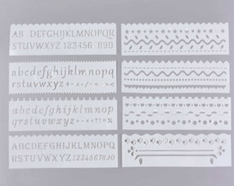 8 pochoirs alphabets lettres chiffres frises 18,6x5,6cm plastique pour home déco carterie ou scrapbooking