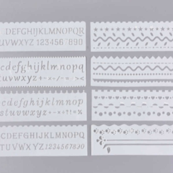 8 pochoirs alphabets lettres chiffres frises 18,6x5,6cm plastique pour home déco carterie ou scrapbooking