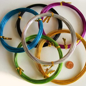 Peut inclure: Plusieurs bobines de fil de bricolage coloré, dans des teintes de bleu, noir, violet, vert, argent et or. Chaque bobine est fixée avec une attache dorée. Une pièce de monnaie est incluse pour la référence de taille. Idéal pour la création de bijoux et de projets d'artisanat.