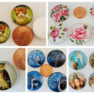 Cabochons verre Motifs images diverses illustrations papillons arbres fleurs roses hibou chouette Chat chaton Religieuses pieuses