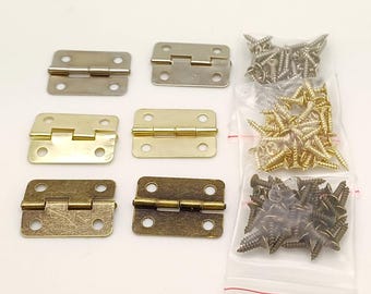 10 charnières petites argentées dorées ou bronze 24x18mm gonds pour cartonnage boite quincaillerie sans ou avec visserie