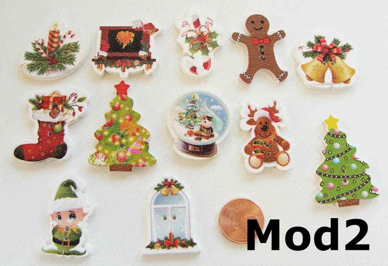 Boutons NOEL ronds ou découpés modèles divers pour création déco scrapbooking Fêtes réveillons sapin Père Noël Lutins Cadeaux Bonhomme neige Mod2 = 12pcs