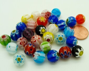 30 perles Rondes 10mm verre Millefiori  mix motifs et couleurs Création bijoux