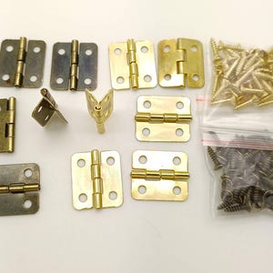Può includere: Una collezione di piccole cerniere e viti in ottone e ottone antico. Le cerniere sono in vari stili, tra cui cerniere a scomparsa e angolari. Le viti sono in un sacchetto di plastica trasparente. Ideale per piccoli progetti di falegnameria.