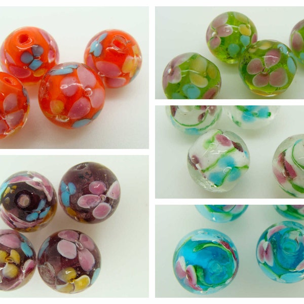 4 Perles motifs fleurs intérieures Rondes 12mm en verre Lampwork