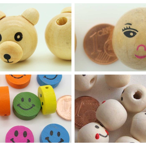 Perle en bois Visage au choix Sourire smiley Ours DIY création bijoux Loisirs créatifs