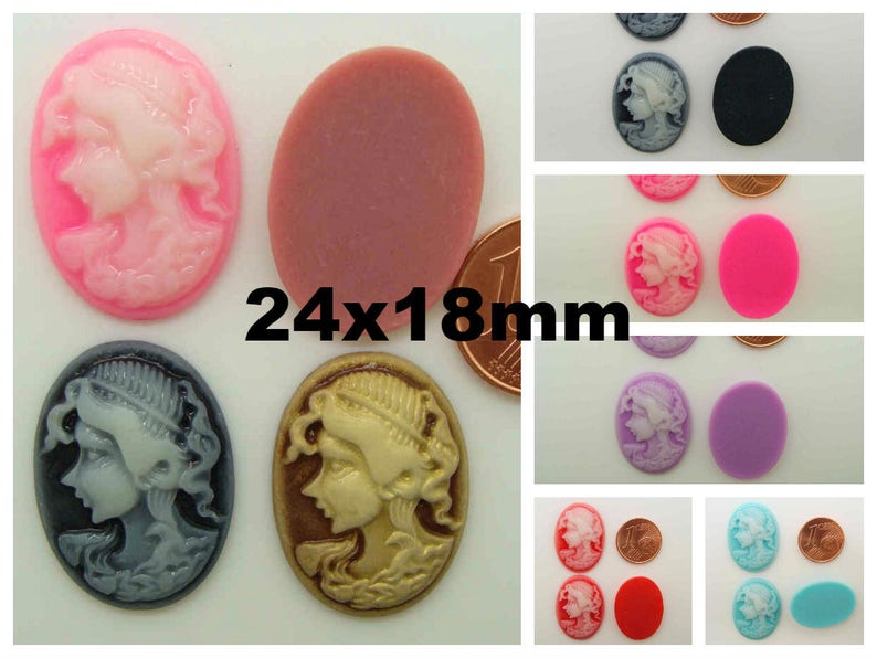 6 Cabochons résine Camée ovales 24x18mm profil femme couleurs au choix DIY création bijoux déco image 1