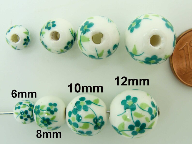 10 Perles Rondes Porcelaine fond Blanc Fleurs Bleu Marron Rose Rouge Vert ou Violet dia 6 à 16mm DIY création bijoux image 7