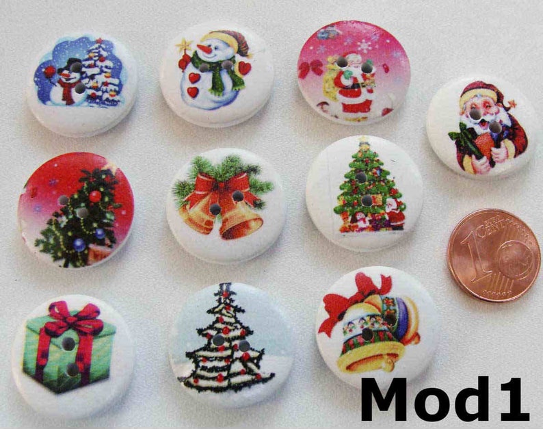 Boutons NOEL ronds ou découpés modèles divers pour création déco scrapbooking Fêtes réveillons sapin Père Noël Lutins Cadeaux Bonhomme neige Mod1 = 10 pcs