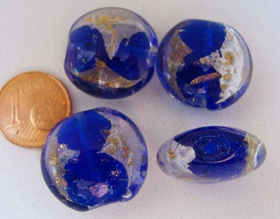 4 perles galets VERRE facon Murano 20mm feuille métal argente doré VIOLET