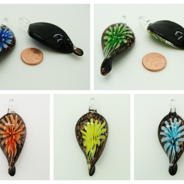 Pendentif Feuille noire twist fleur couleur au choix 60mm en verre lampwork création bijoux