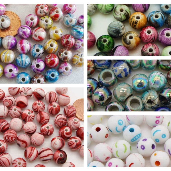 50 perles acryliques rondes 8mm multicolores abstraits ou visage modèle au choix