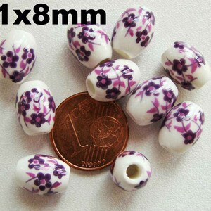 10 Perles Rondes Porcelaine fond Blanc Fleurs Bleu Marron Rose Rouge Vert ou Violet dia 6 à 16mm DIY création bijoux Violet 11x8mm