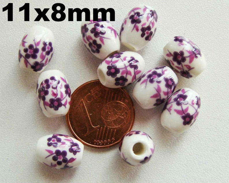 10 Perles Rondes Porcelaine fond Blanc Fleurs Bleu Marron Rose Rouge Vert ou Violet dia 6 à 16mm DIY création bijoux Violet 11x8mm