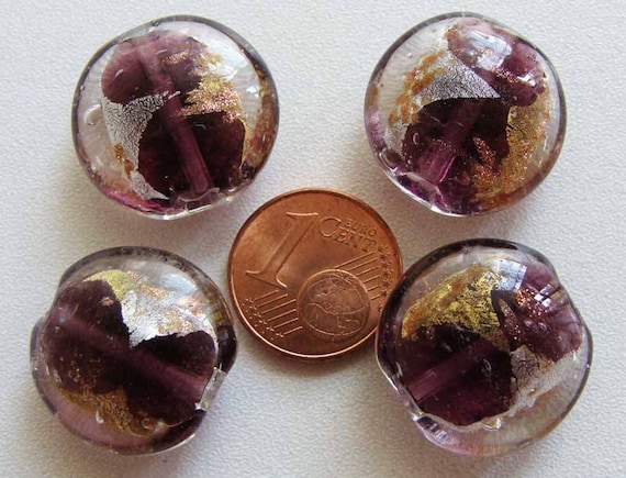 4 perles galets VERRE facon Murano 20mm feuille métal argente doré VIOLET