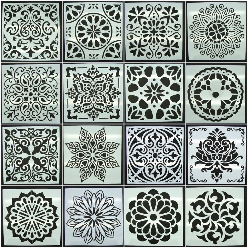 Pochoir motifs floraux et divers modèle au choix planche carré 15x15cm style carreau de ciment image 1