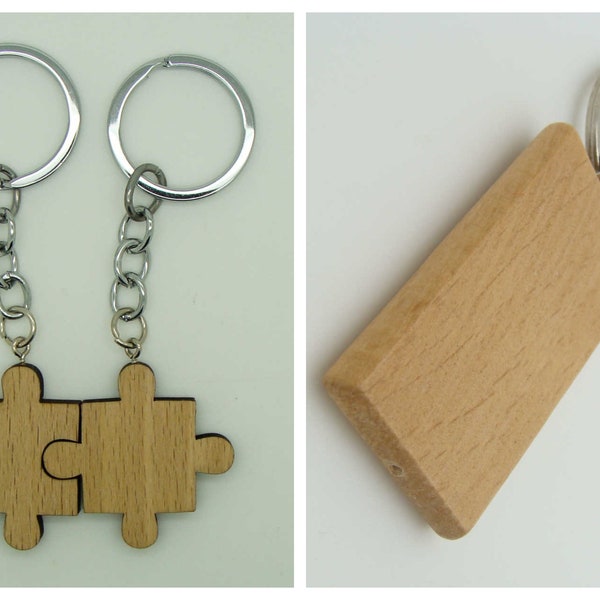 Porte-clefs avec support bois à personnaliser rectangle ou puzzle et anneaux brisés