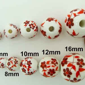 10 Perles Rondes Porcelaine fond Blanc Fleurs Bleu Marron Rose Rouge Vert ou Violet dia 6 à 16mm DIY création bijoux image 6