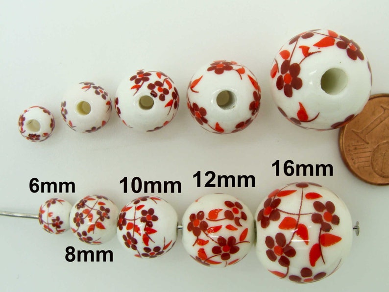 10 Perles Rondes Porcelaine fond Blanc Fleurs Bleu Marron Rose Rouge Vert ou Violet dia 6 à 16mm DIY création bijoux image 6