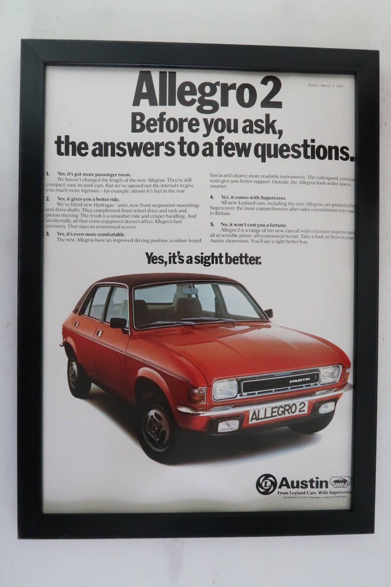 Vintage Allegro 2 Car Framed Advert Old Fashioned Poster Frame Leyland Garage Unique Gift Grand Dad Lover Wall Decor Office